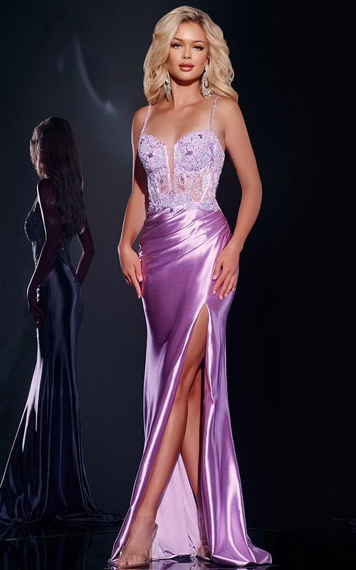 Model wearing Jovani 43569 lilac gown with floral embroidery and high slit.