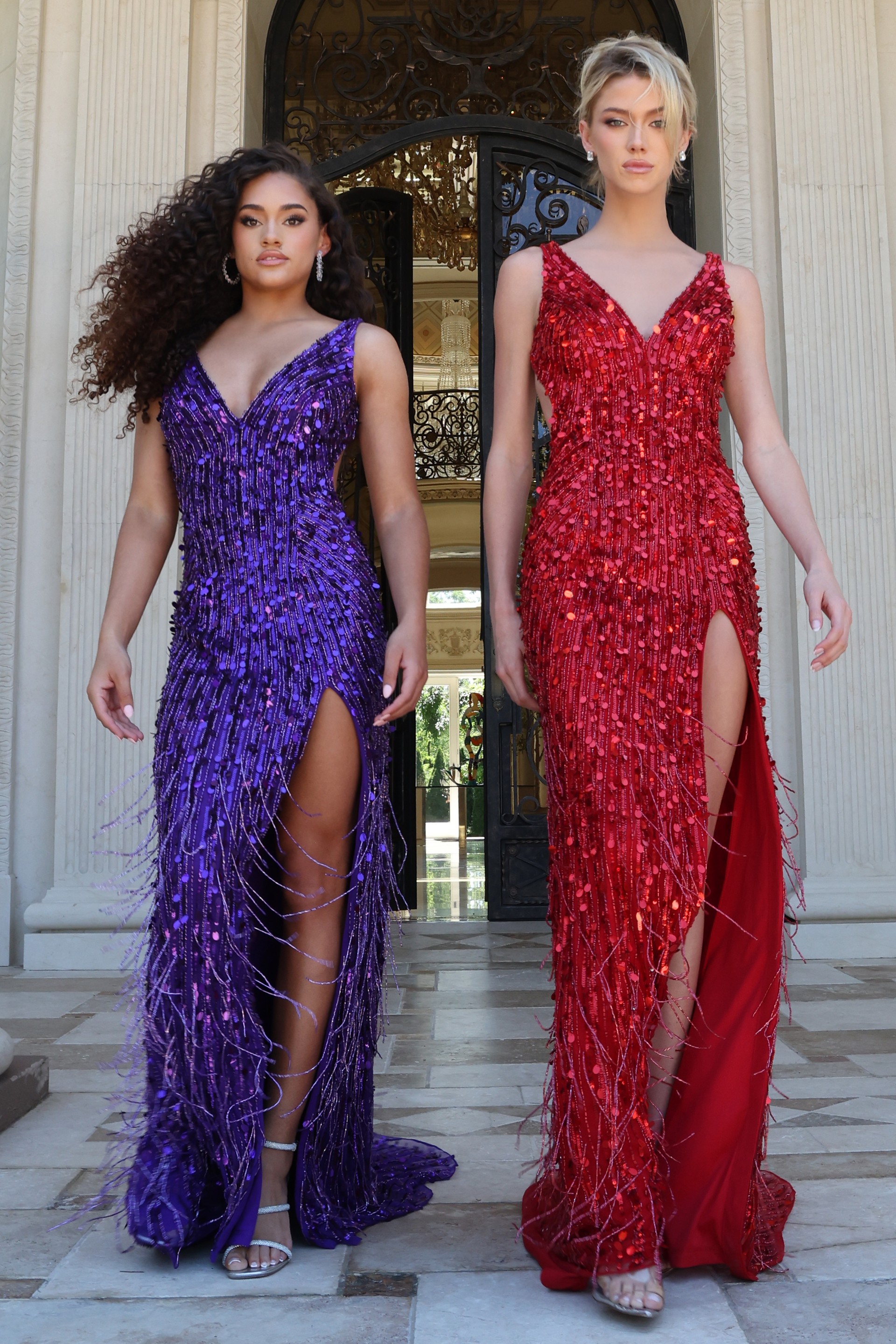 plunging sequin gown with high slit and open back