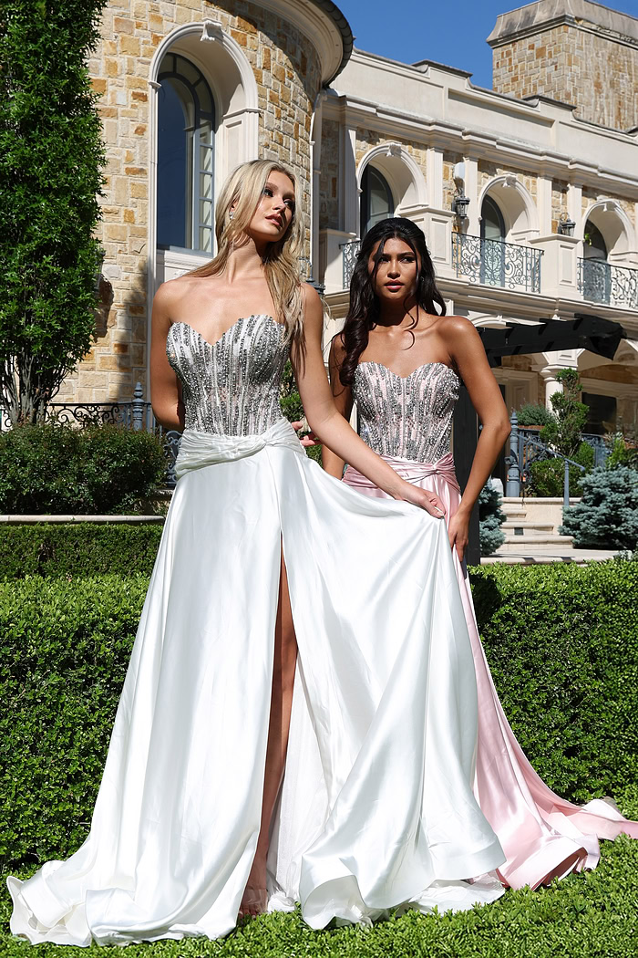strapless beaded corset satin dress
