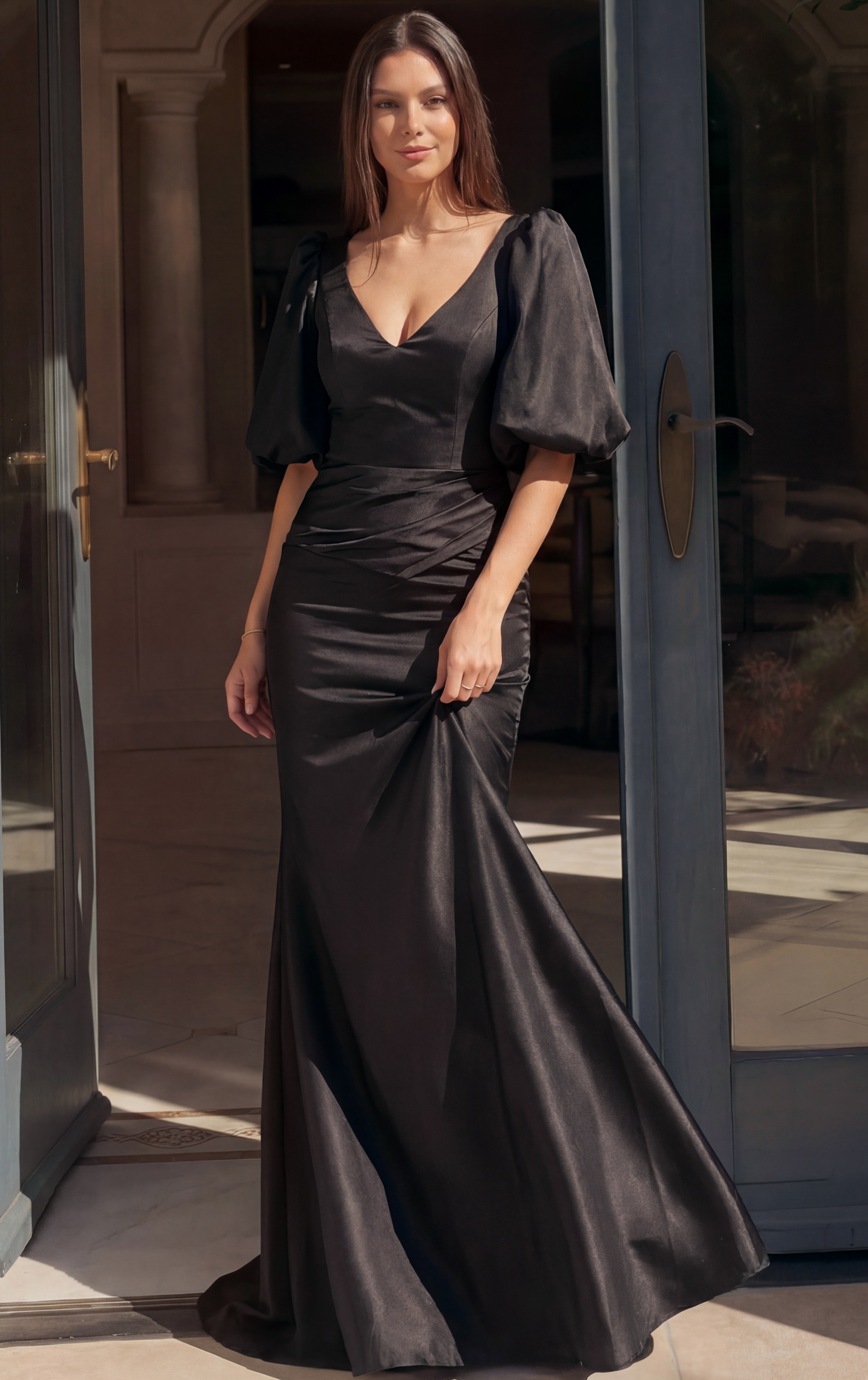 Black Satin V Neck Puff Sleeve Mermaid Gown 43818 - Image 3