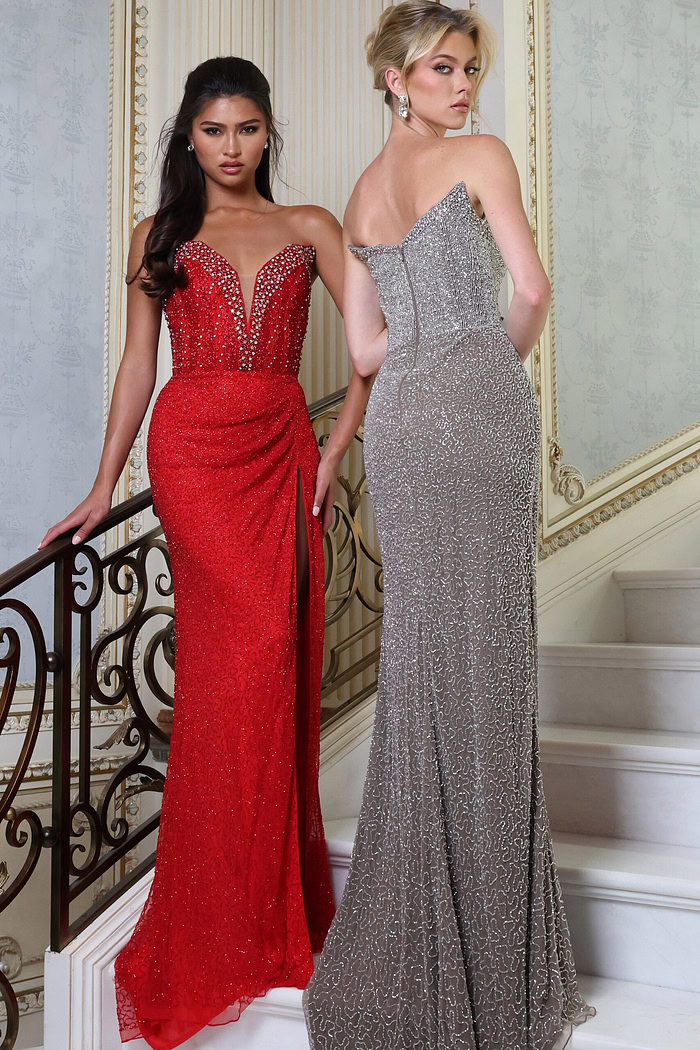 elegant sparkling dress with deep v neckline - two girls front, red/silver gowns, updo, slit