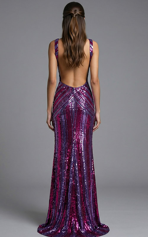 Low back formal dress with fitted silhouette and geometric pattern