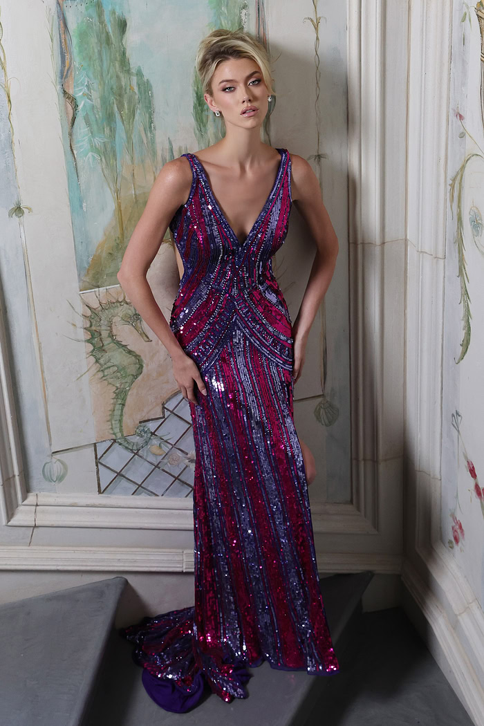 Royal Blue Sequin Gown with Deep V Neck 43953
