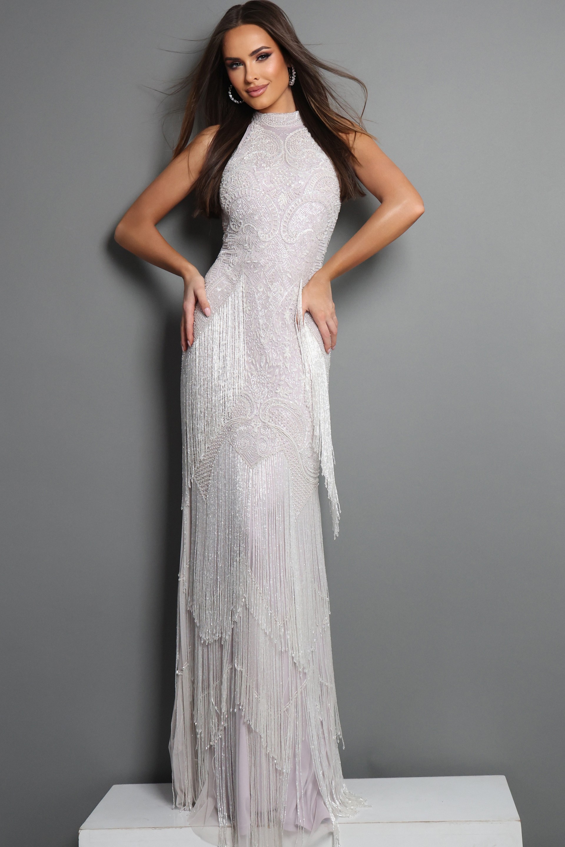 blush silver sheath long dress with halter neck art deco fringe