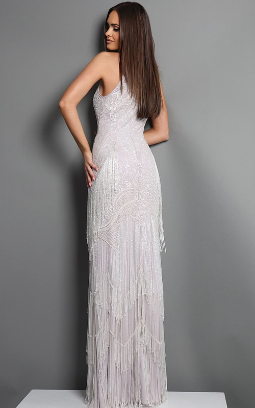 blush silver sheath long dress with halter neck art deco fringe
