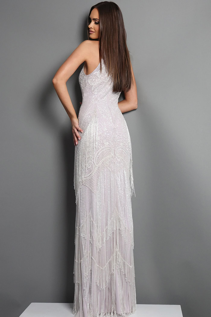 blush silver sheath long dress with halter neck art deco fringe