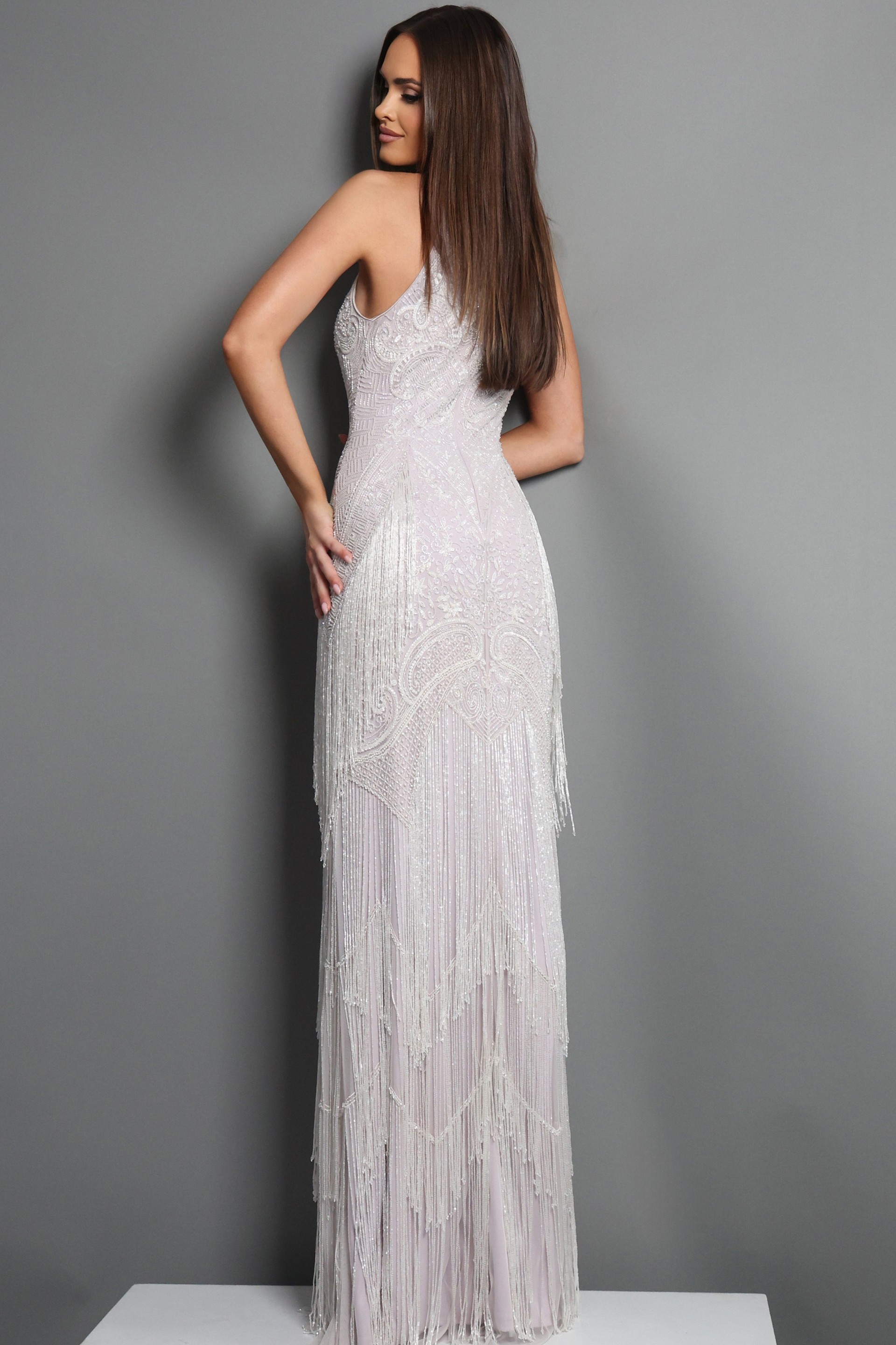 blush silver sheath long dress with halter neck art deco fringe