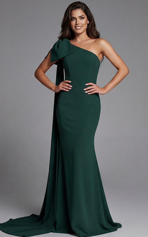 green one shoulder dress with side drape Model wearing Jovani dress 44177