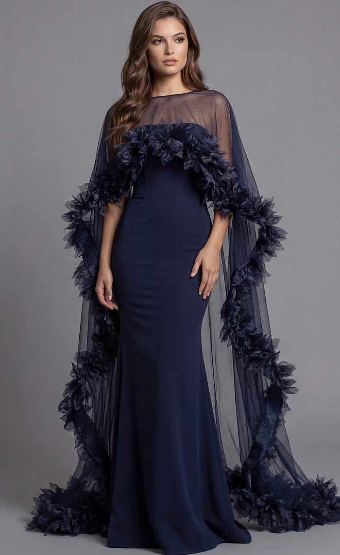 Floral Applique Cape Detail Column Dress