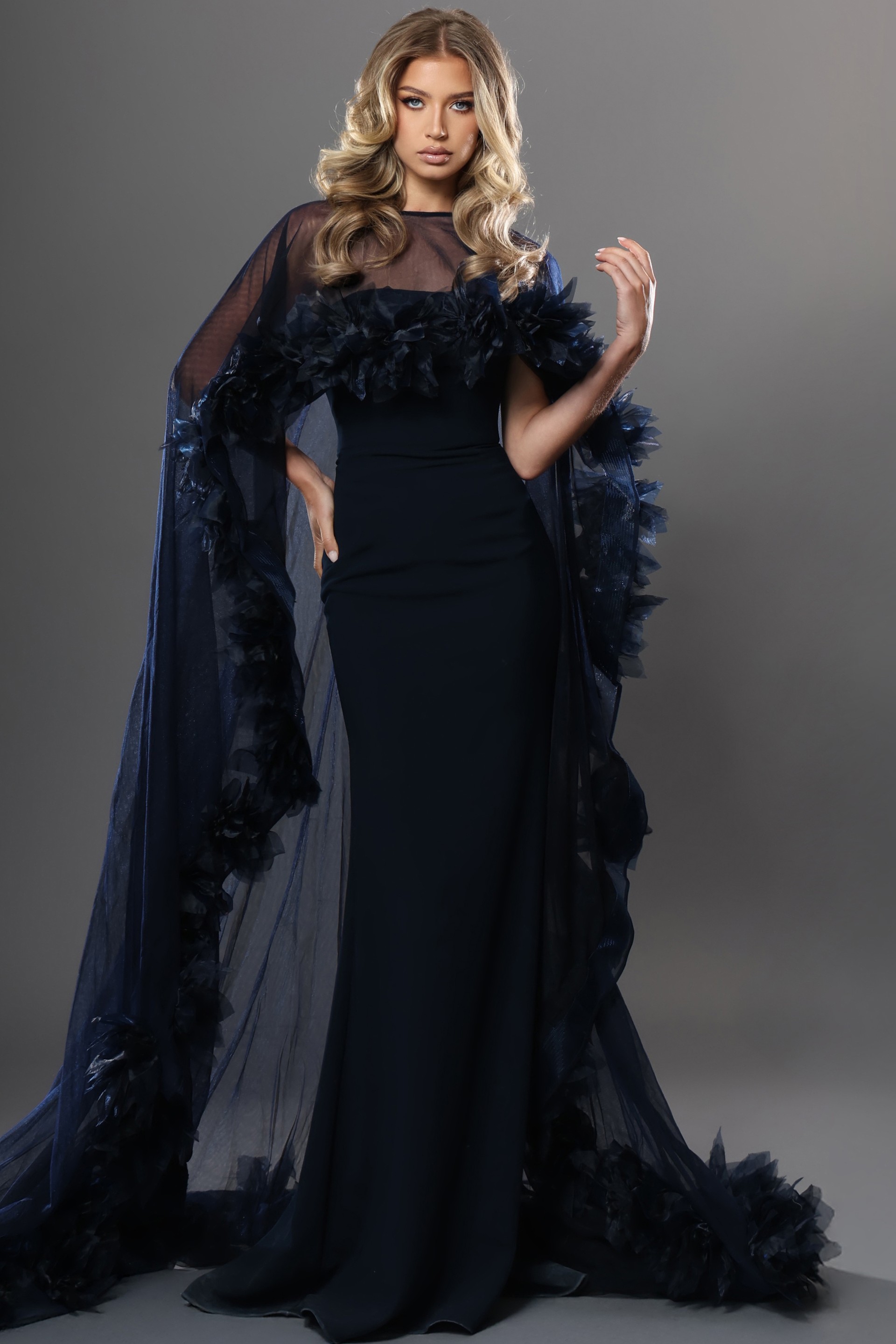 navy sheer cape gown with 3d floral trim