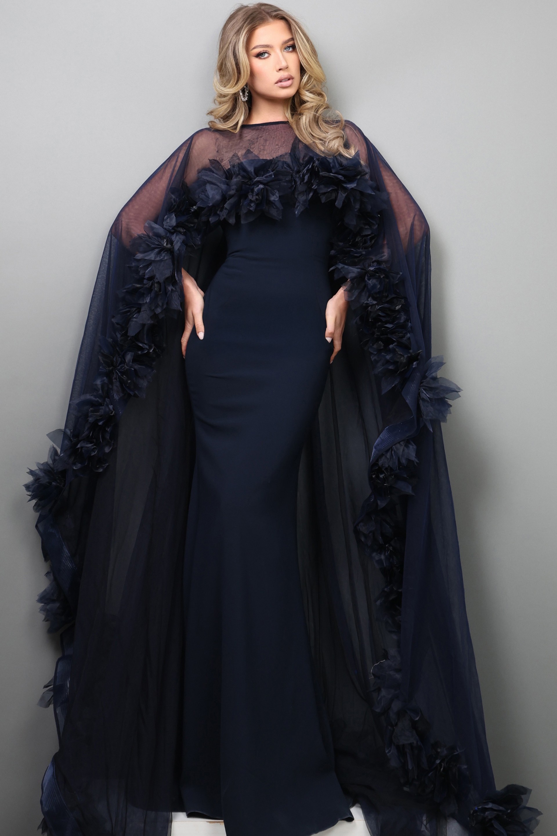 navy sheer cape gown with 3d floral trim