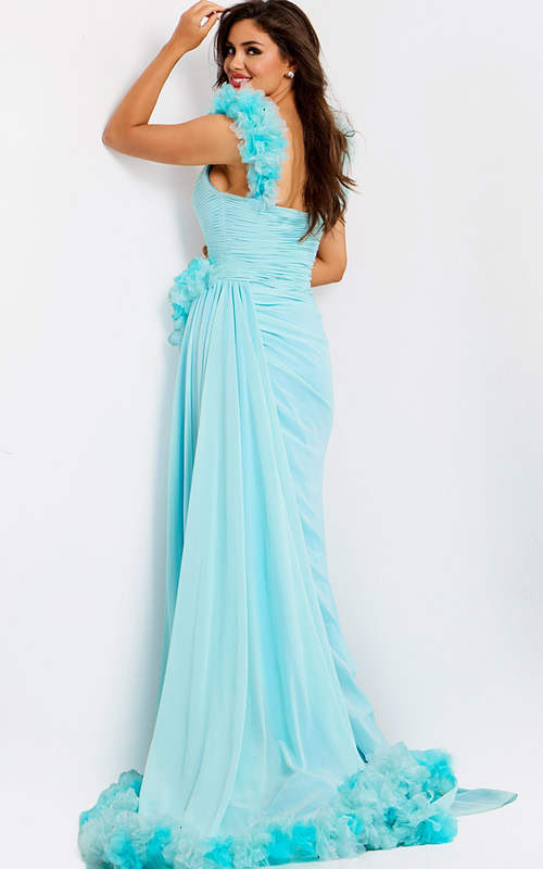 aqua evening gown with floral shoulder details