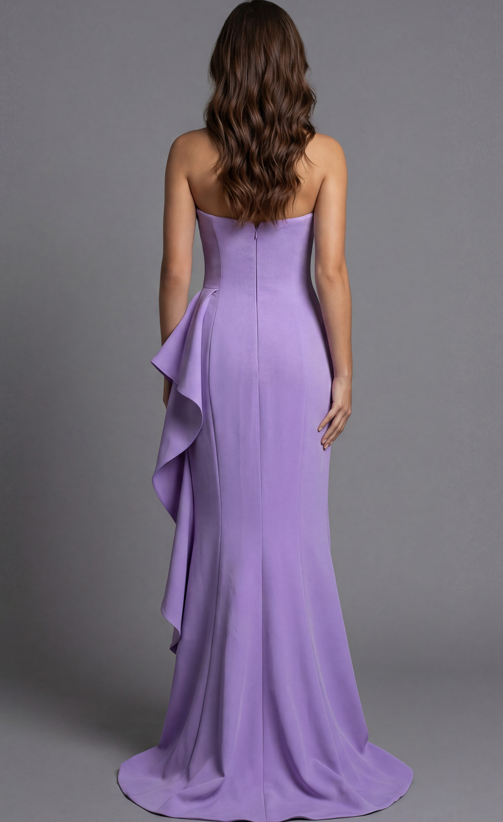Jovani 43401 lilac one-shoulder mermaid evening gown with twisted strap detail, asymmetric pleated bodice, and sweeping train.
