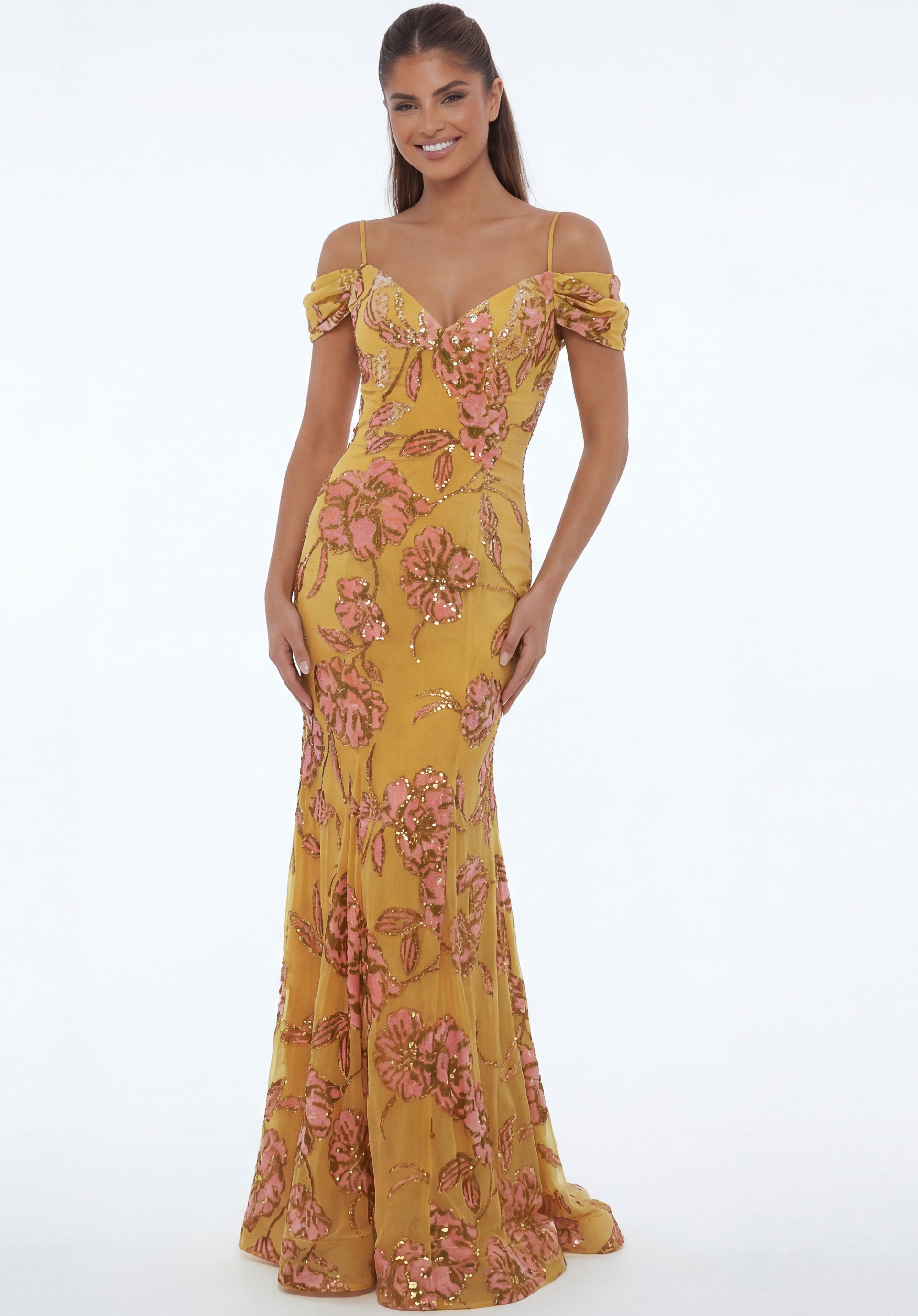 Off shoulder floral sequin gown with fitted silhouette