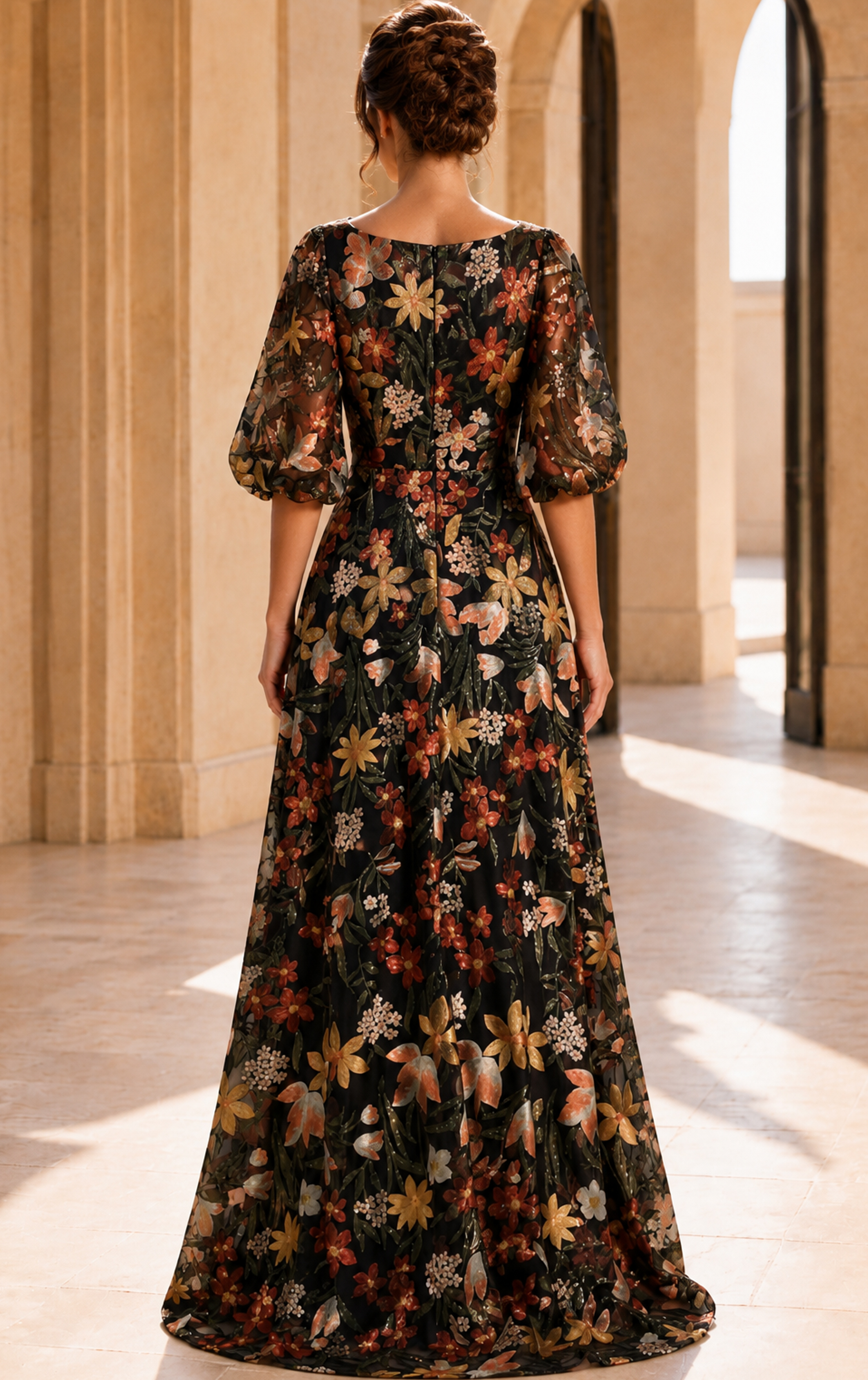 back of floral a line evening dress 44656