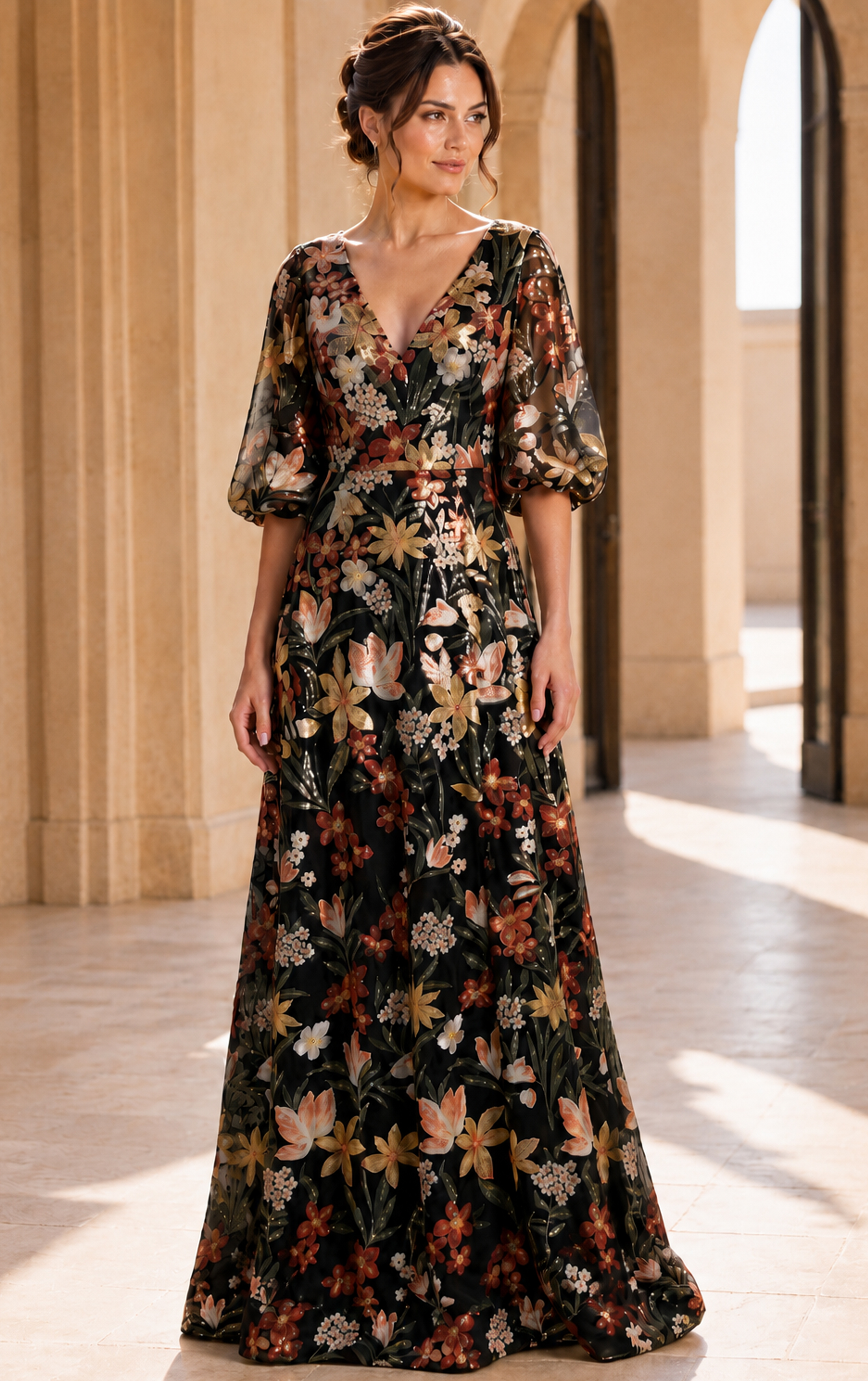 Floral gown with fitted back bodice and flowing hemline