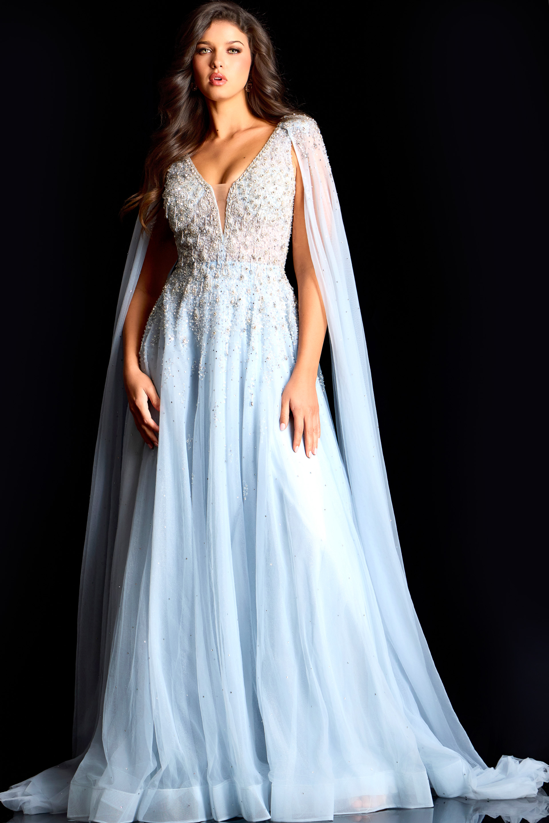 Elegant A-line dress featuring pearl embellishments and soft chiffon overlay