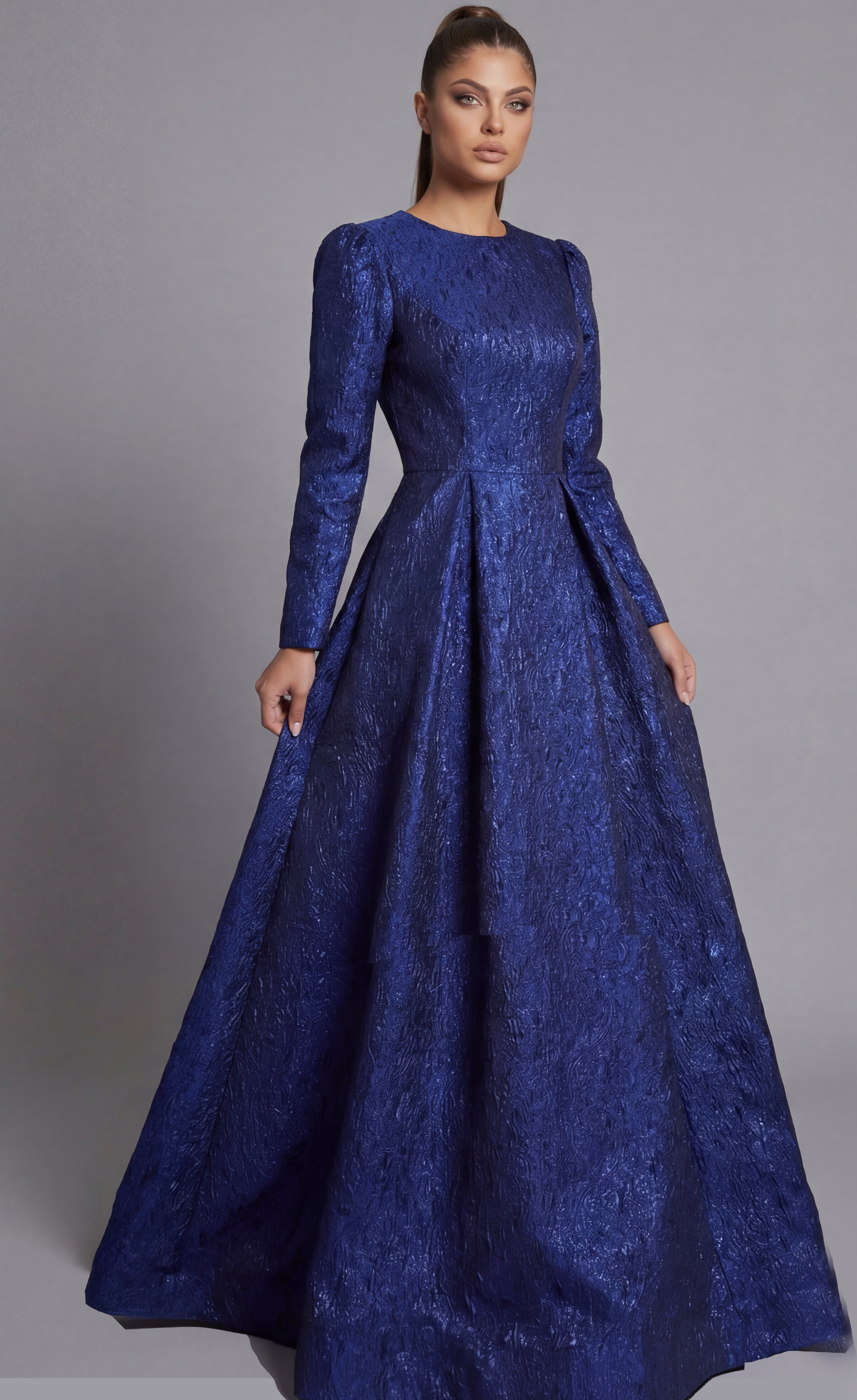 Front view of Jovani long sleeve modest formal dress