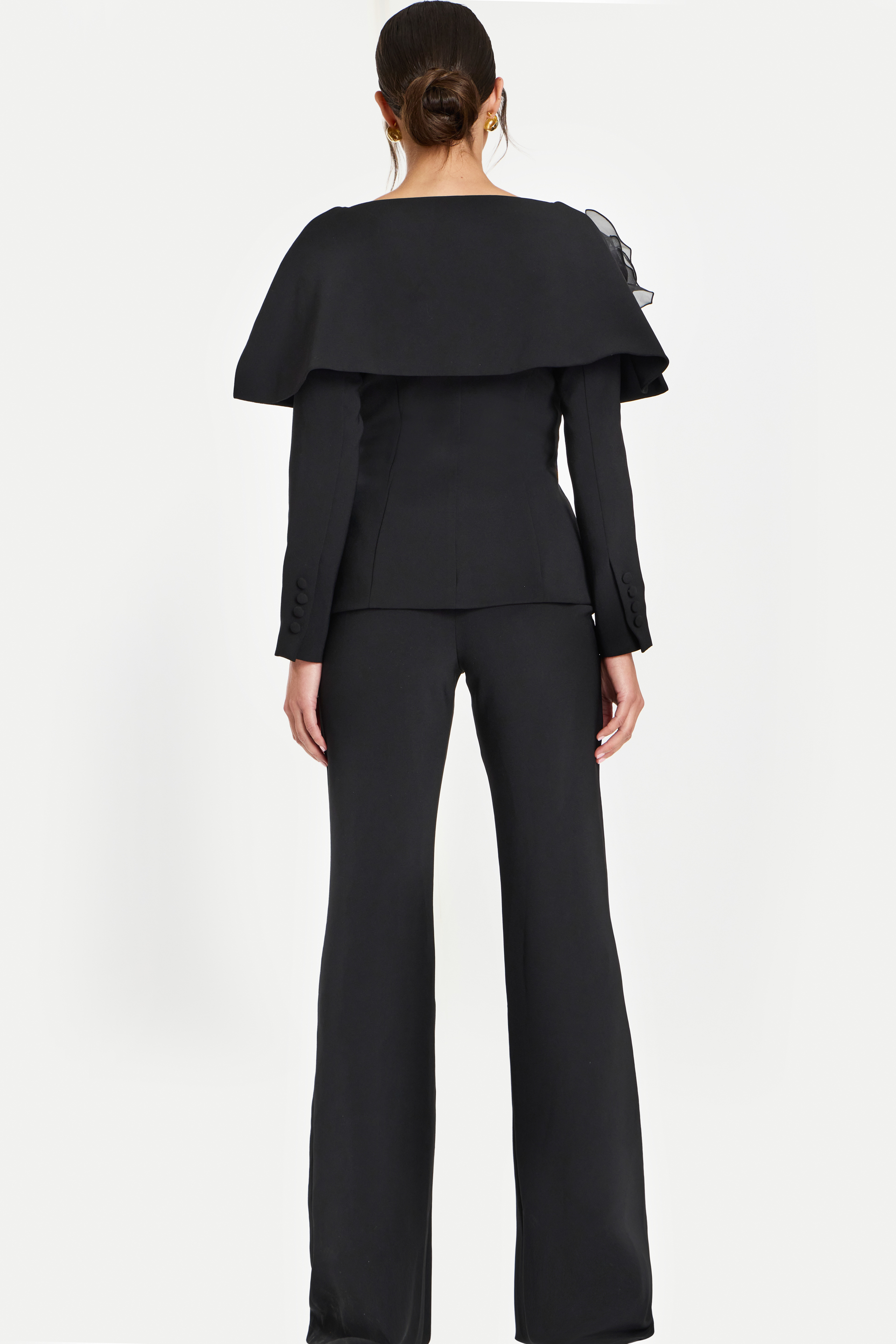 Elegant Black Power Suit Featuring 3D Floral Accent and Flared Pants