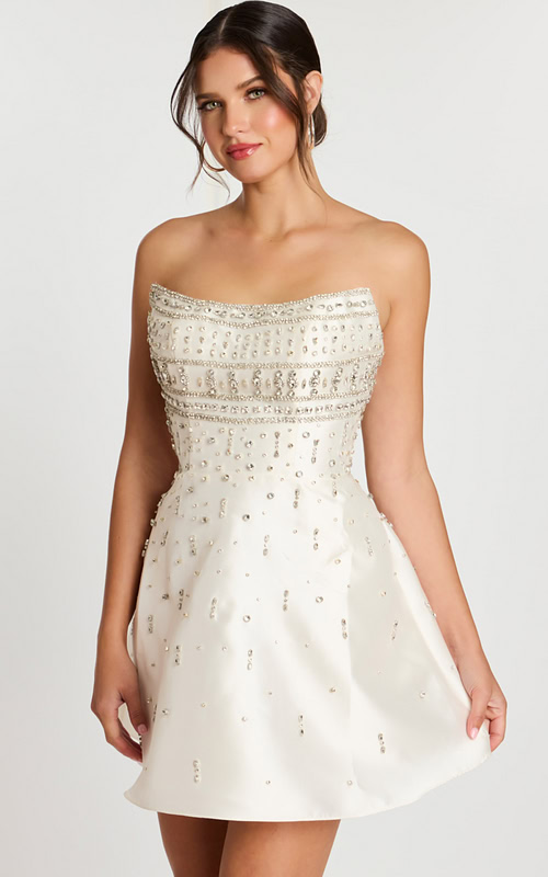 Off-White Mini Dress Featuring Rhinestone Beaded Bodice