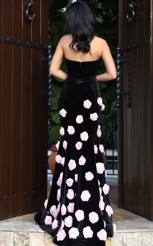 Black strapless gown with pink rose embellishments