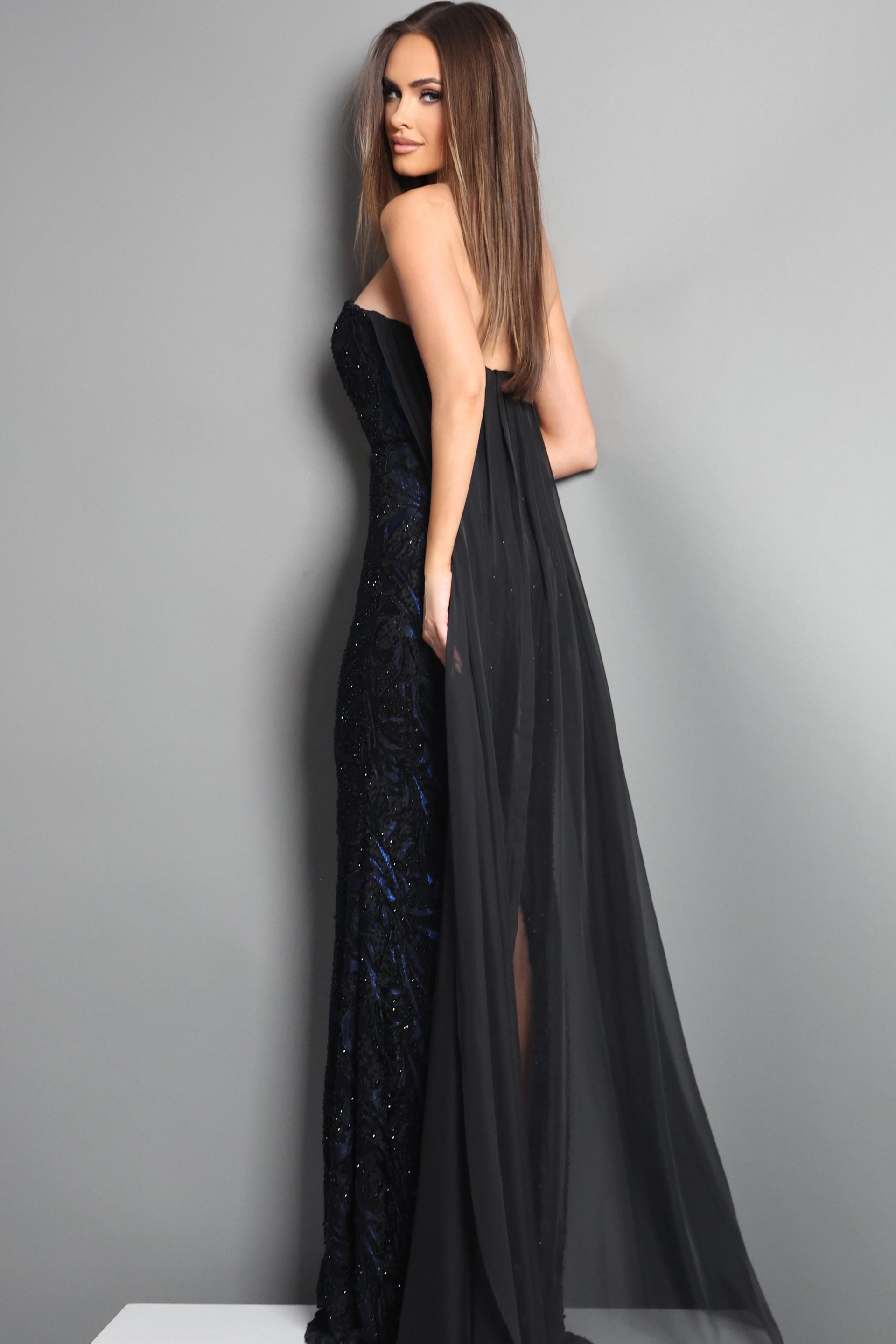 black sheath long dress with strapless sweetheart sequin embellished sheer overlay