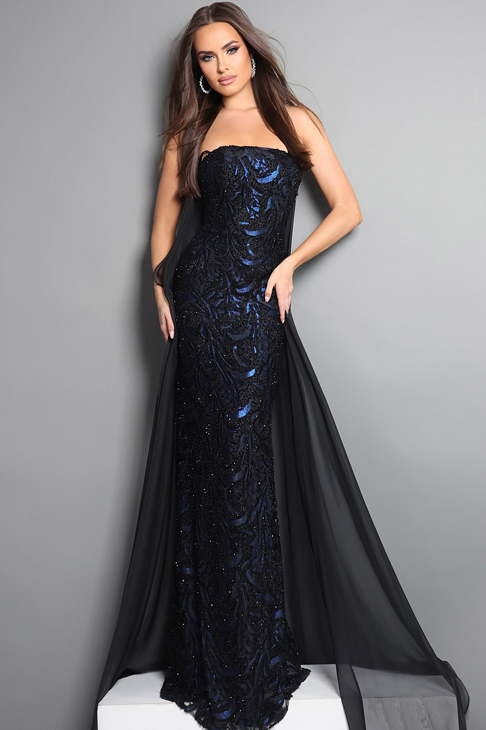 black sheath long dress with strapless sweetheart sequin embellished sheer overlay