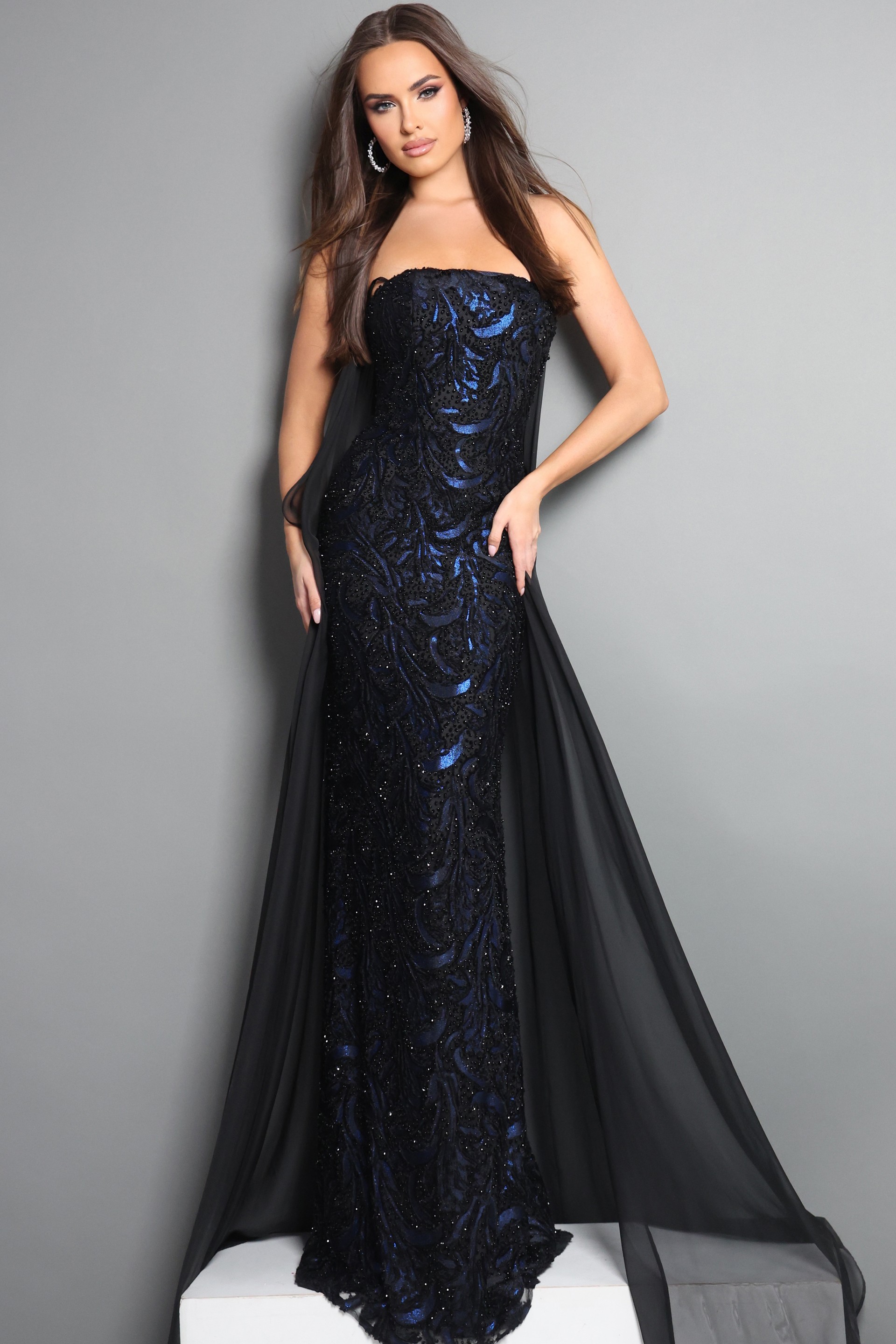 black sheath long dress with strapless sweetheart sequin embellished sheer overlay