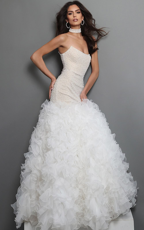 pearl beaded strapless mermaid gown