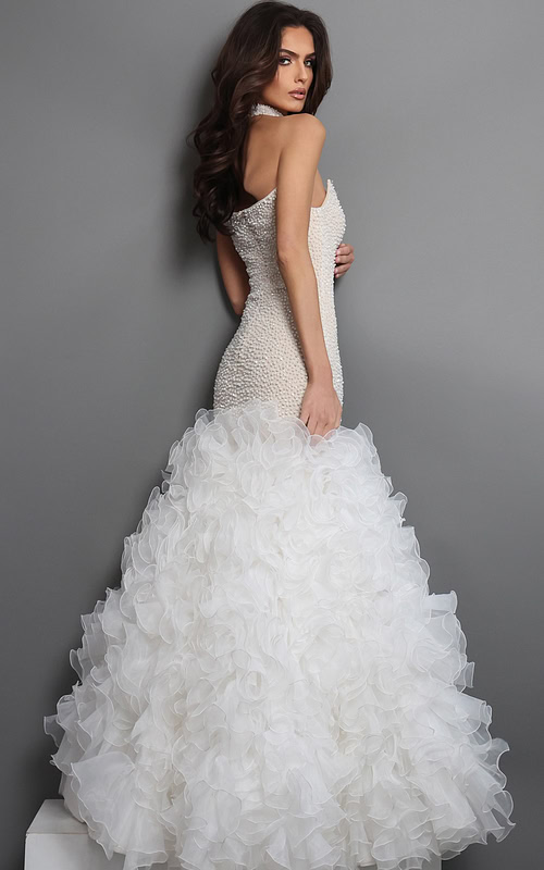 pearl beaded strapless mermaid gown