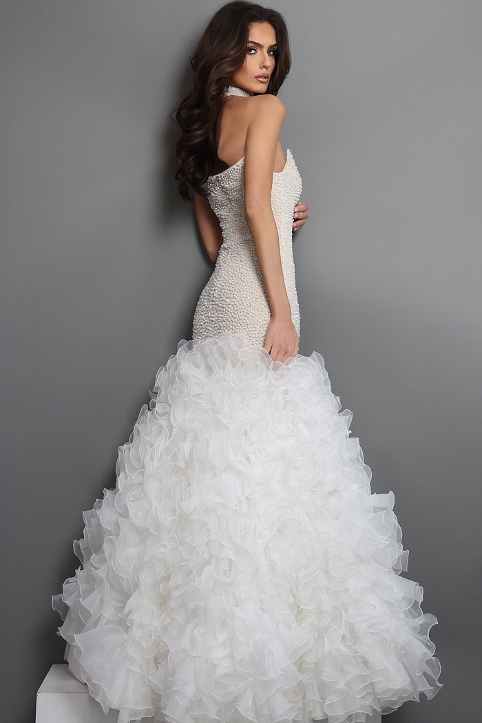 pearl beaded strapless mermaid gown
