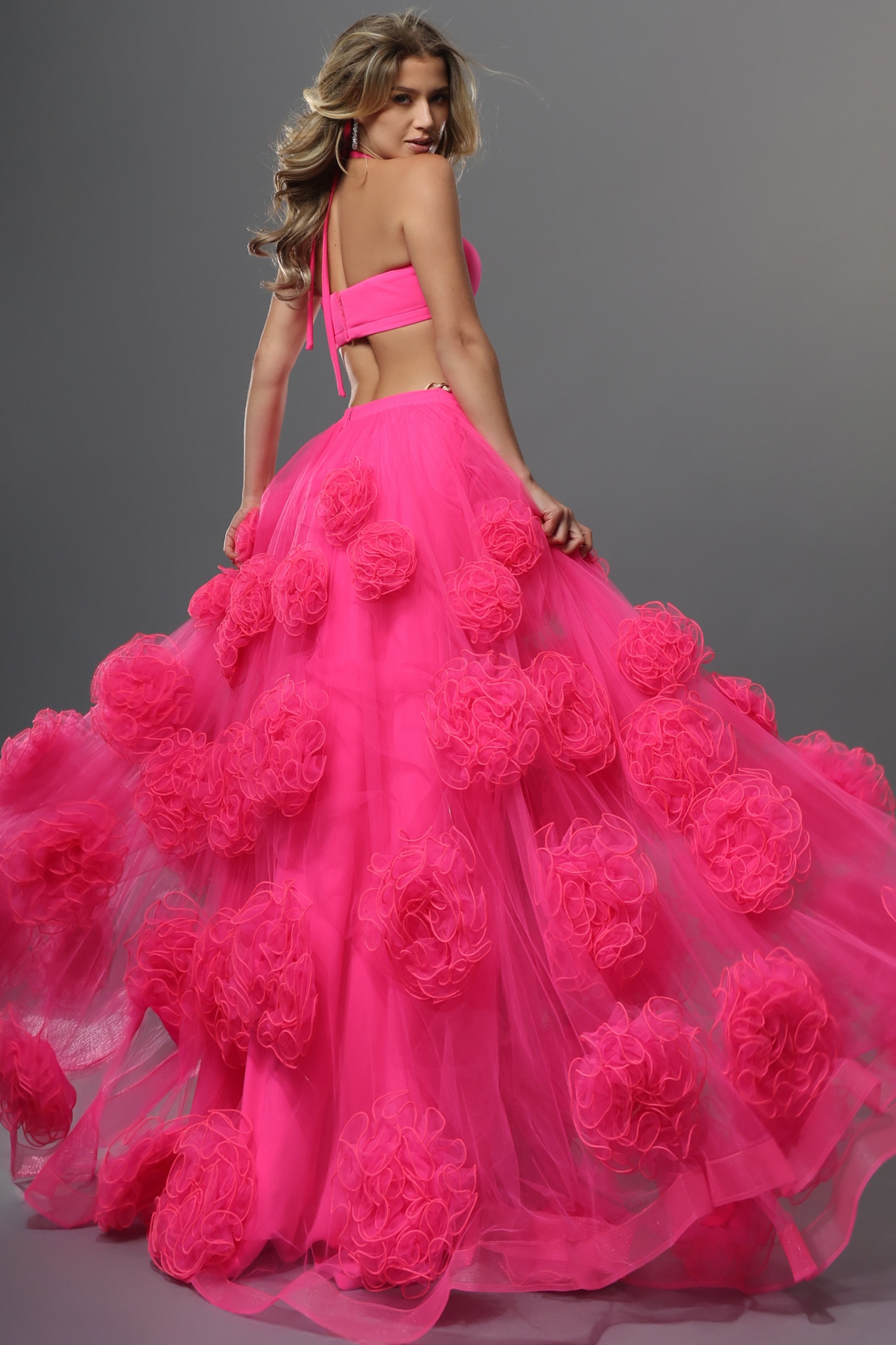 hot pink two piece ball gown long dress with halter neck crop top 3d floral tulle