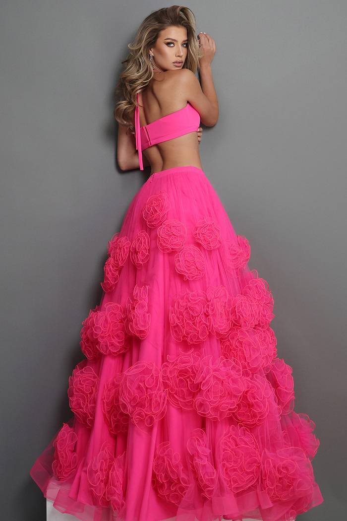 hot pink two piece ball gown long dress with halter neck crop top 3d floral tulle