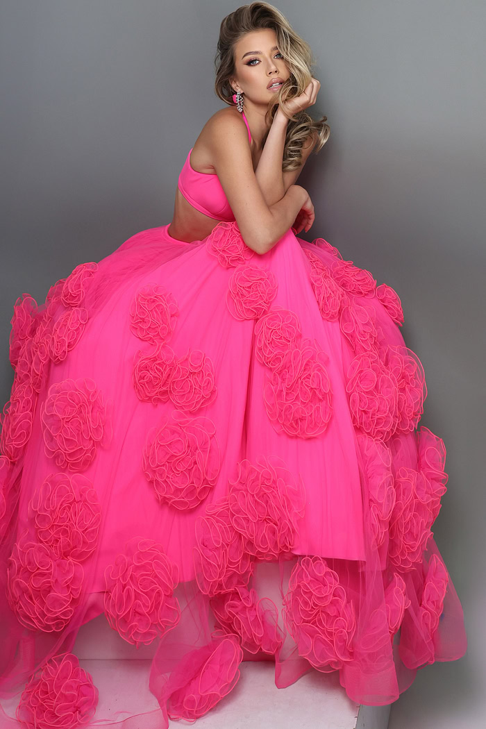 hot pink two piece ball gown long dress with halter neck crop top 3d floral tulle