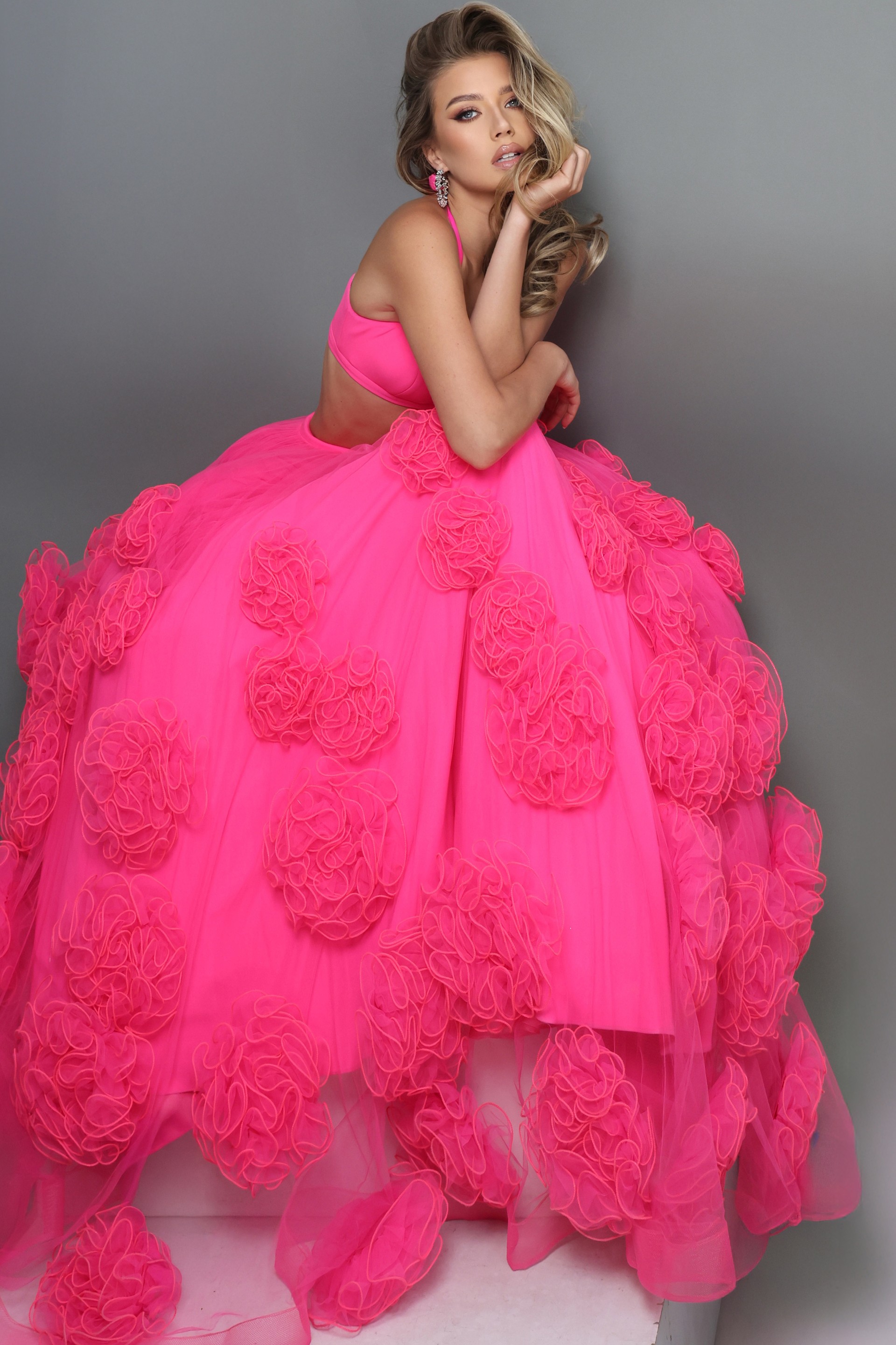 hot pink two piece ball gown long dress with halter neck crop top 3d floral tulle
