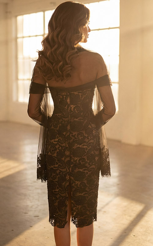 Back view of strapless lace dress with sheer overlay and center slit