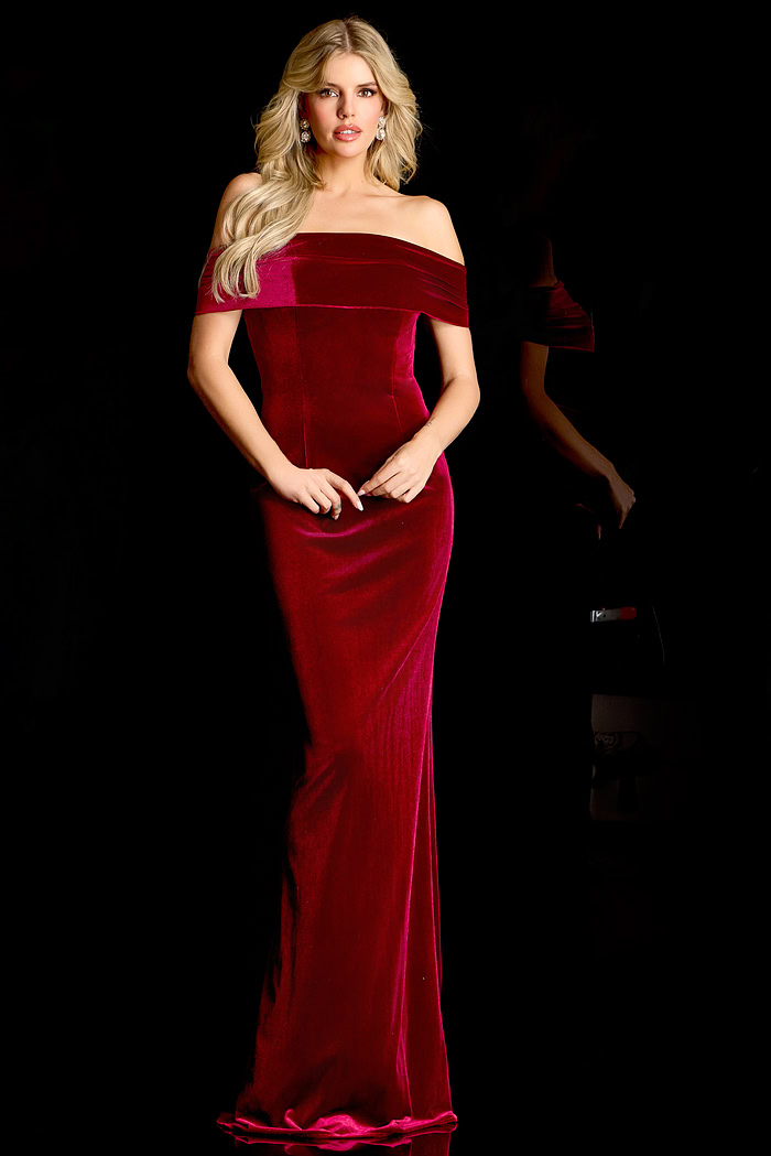 Off the shoulder velvet evening gown
