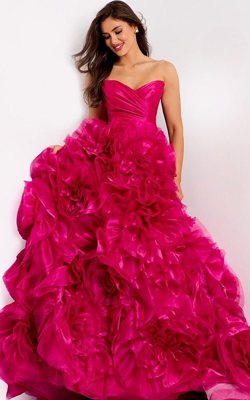 Strapless Ball Gown with Oversized Floral Ruffles 45495