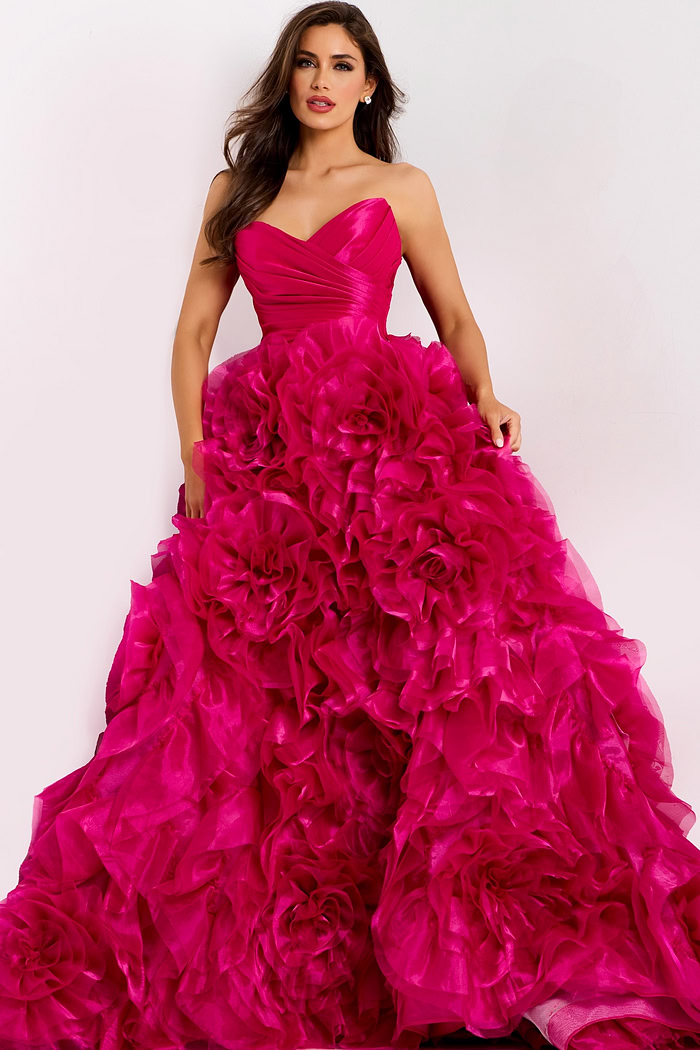 Elegant evening gown with oversized rosette details on skirt