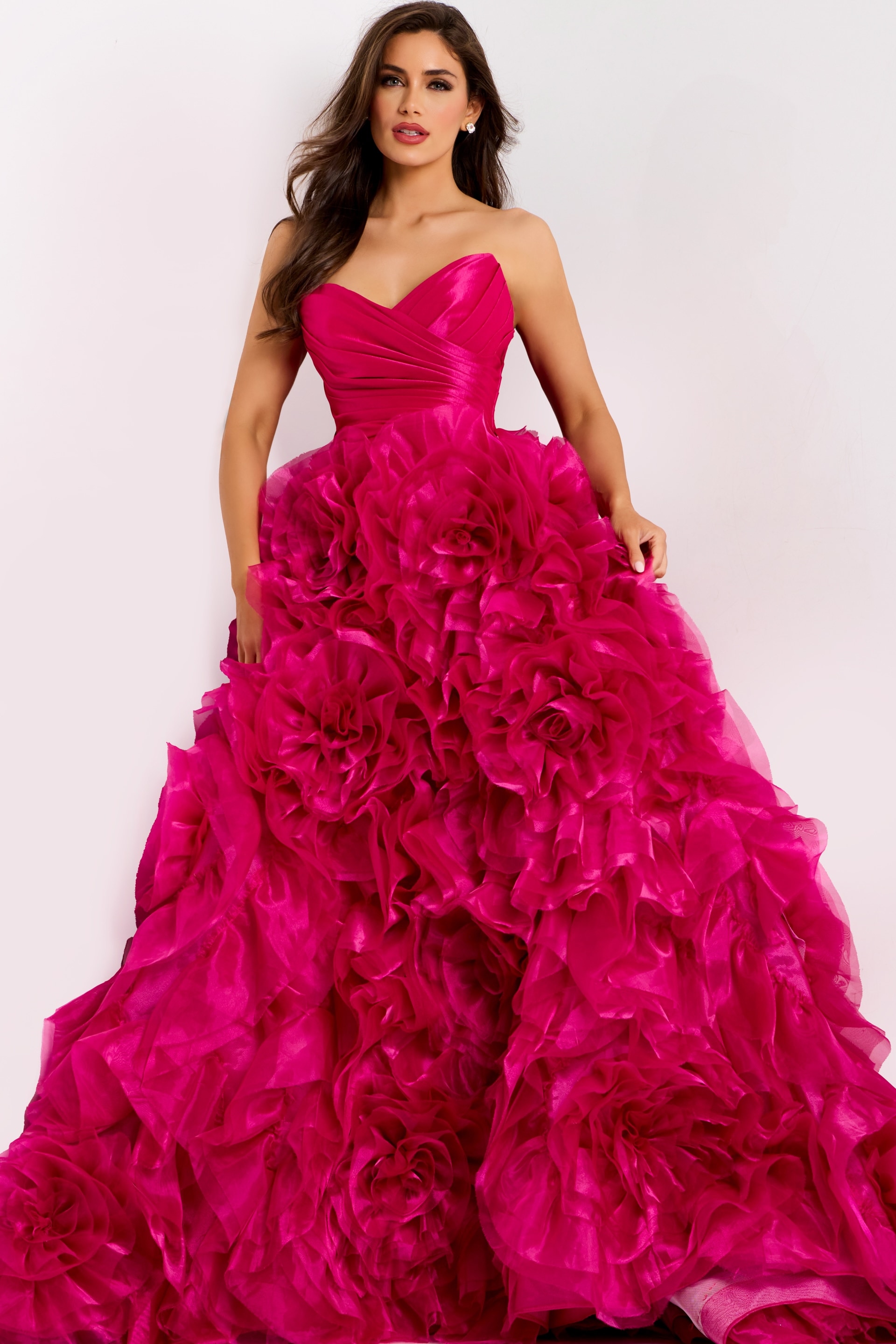 Elegant evening gown with oversized rosette details on skirt
