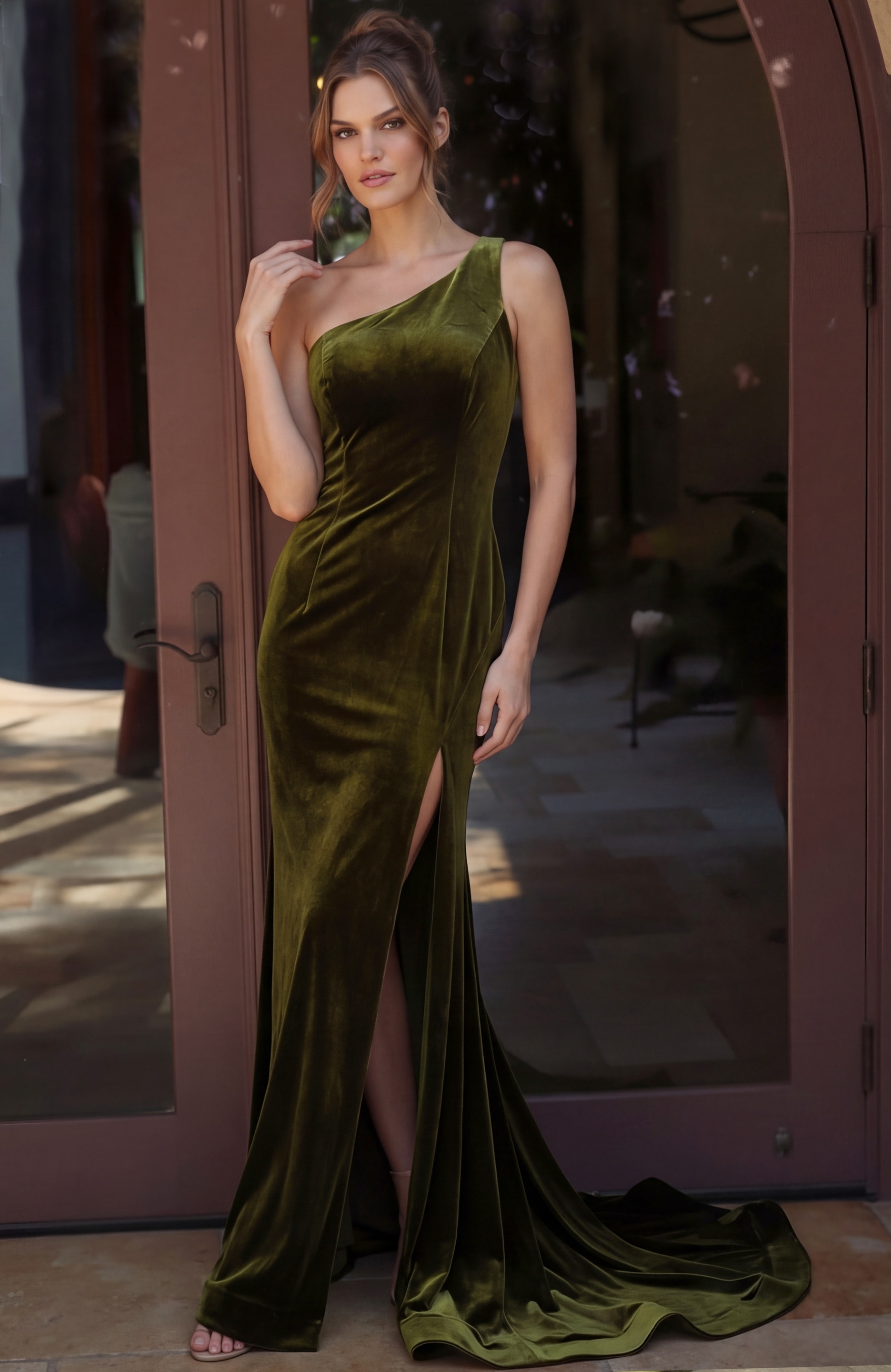 elegant bodycon evening gown with shimmering embellishments and high slit