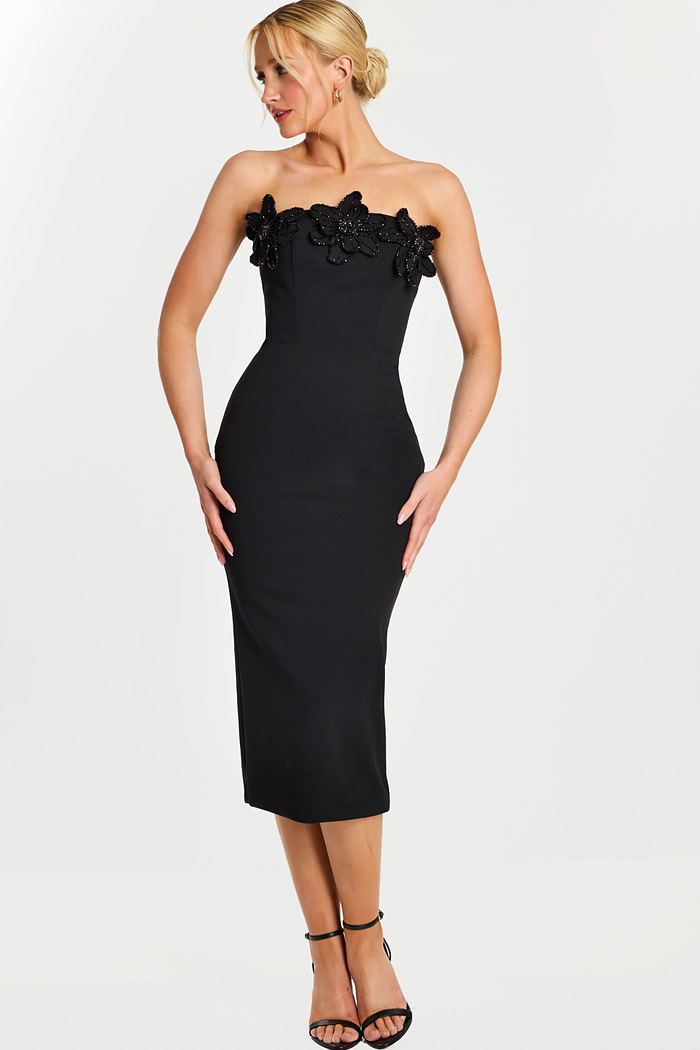 Strapless black midi dress with floral beaded appliquรฉ on bodice