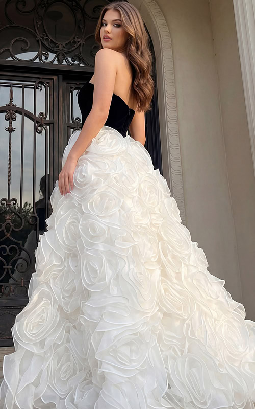 Elegant strapless gown featuring contrast bodice and statement floral skirt