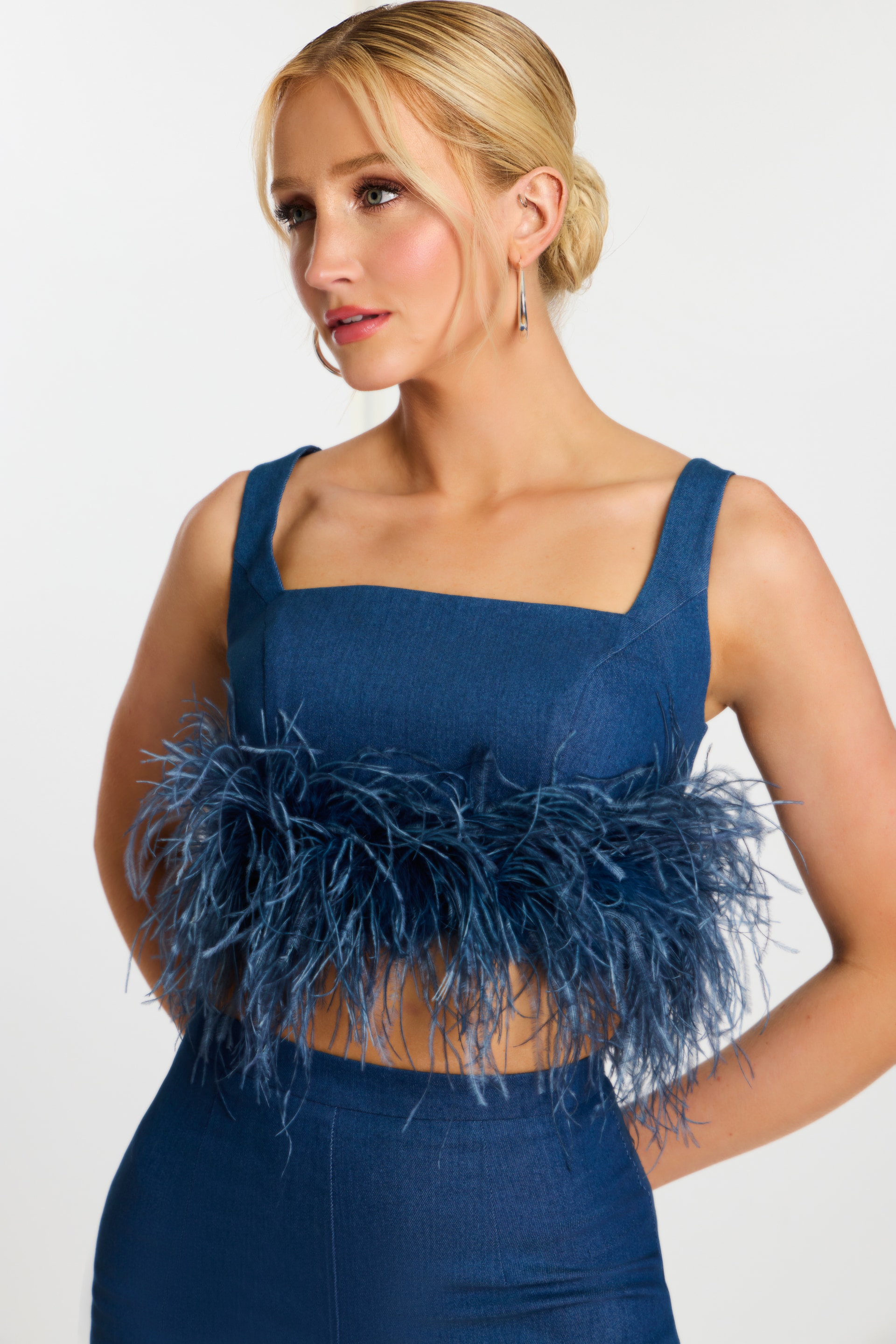 Blue Feather Trim Crop Top Close-Up – Jovani 45973