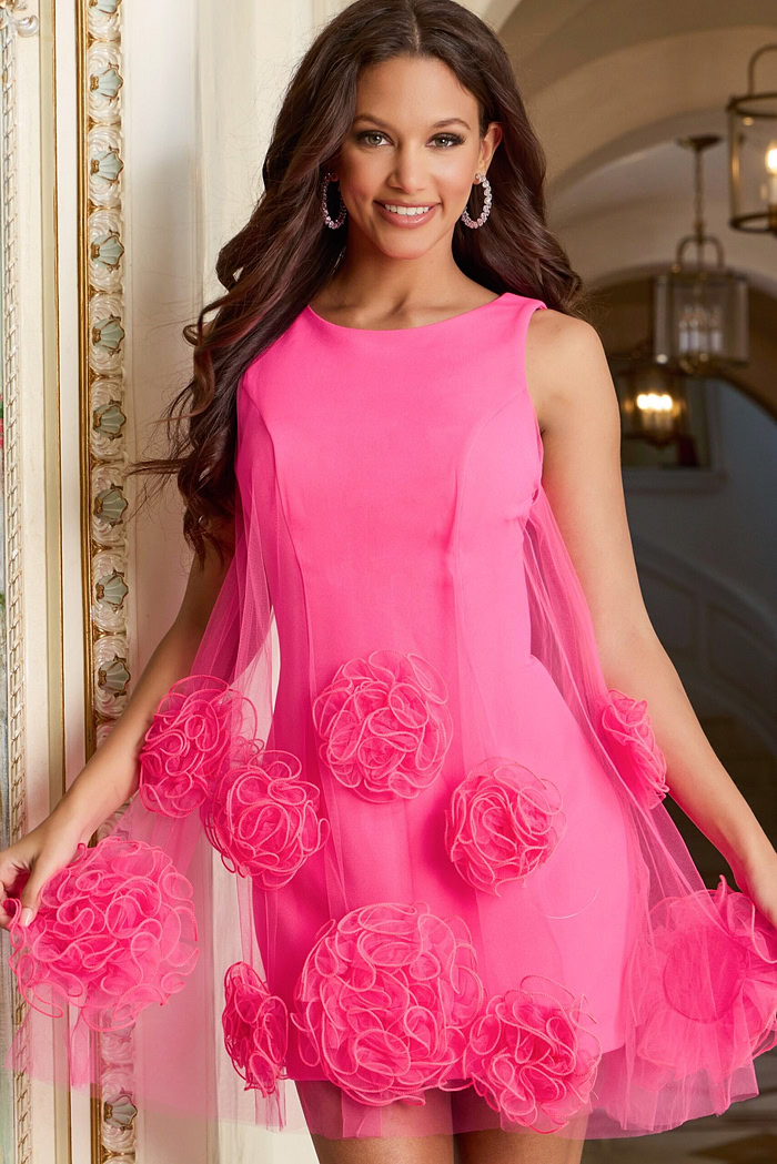 Front view of A-line mini dress with tulle rosettes