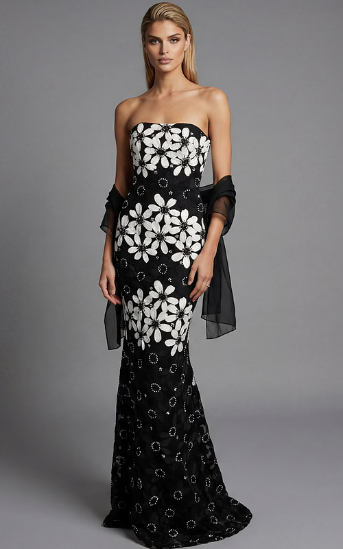 Front view of a strapless black floral brocade column gown