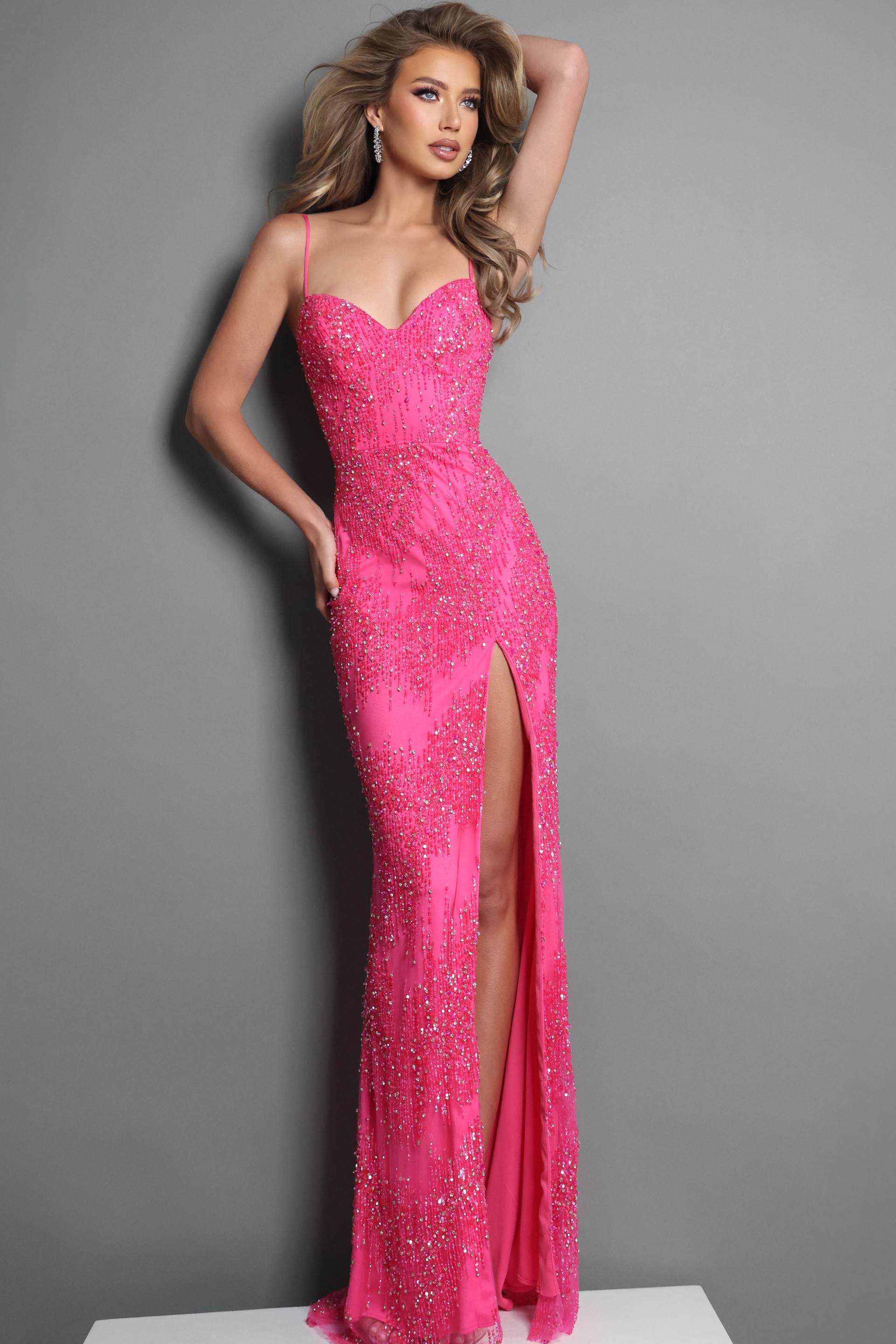 hot pink sheath long dress with spaghetti strap allover beaded sequin