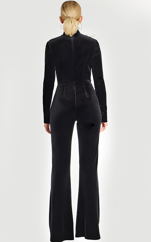 Back view of fitted long-sleeve black jumpsuit with high neckline 46282