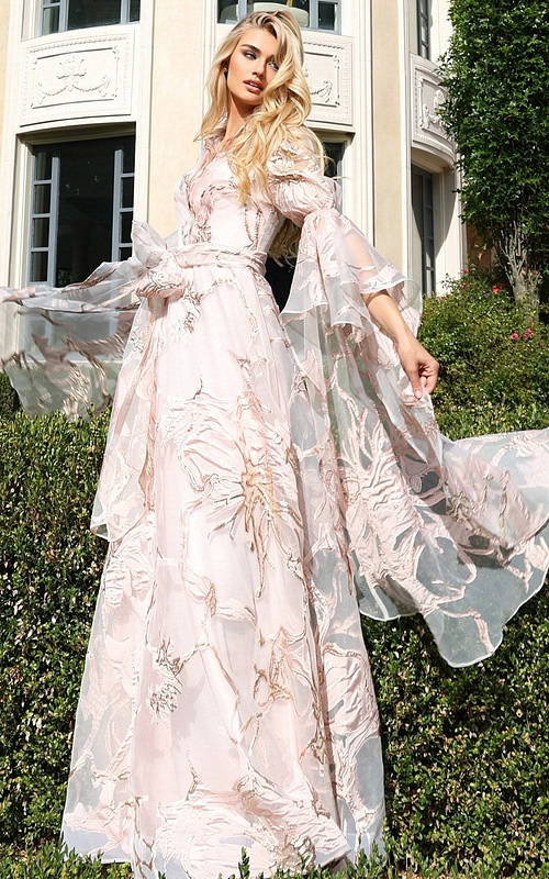 Flowing organza dress with waist belt and layered sleeve detail
