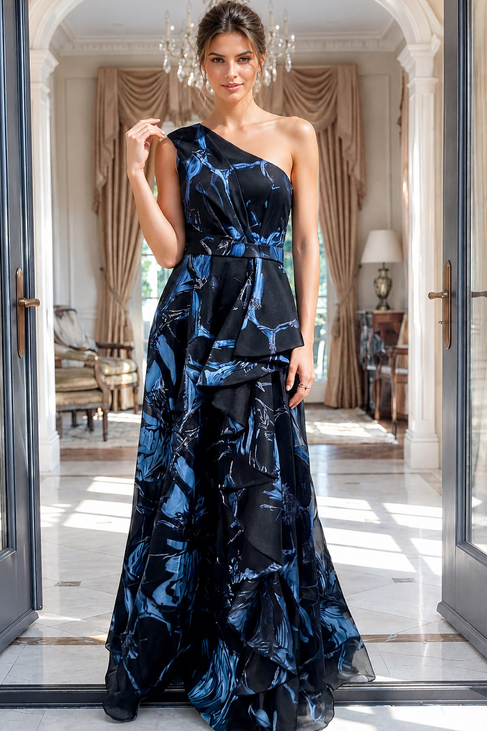 black and navy floral print one shoulder A line gown with fitted bodice